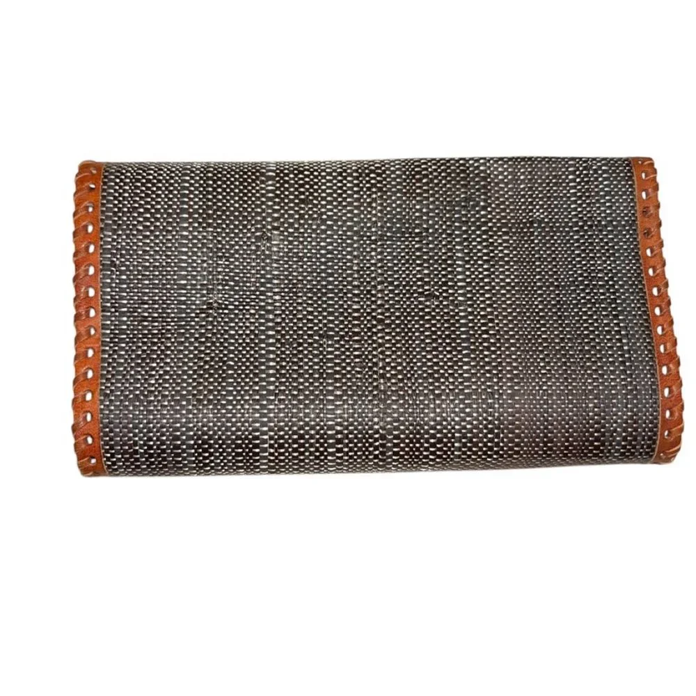 vintage handsome as new tooled leather woven straw wallet